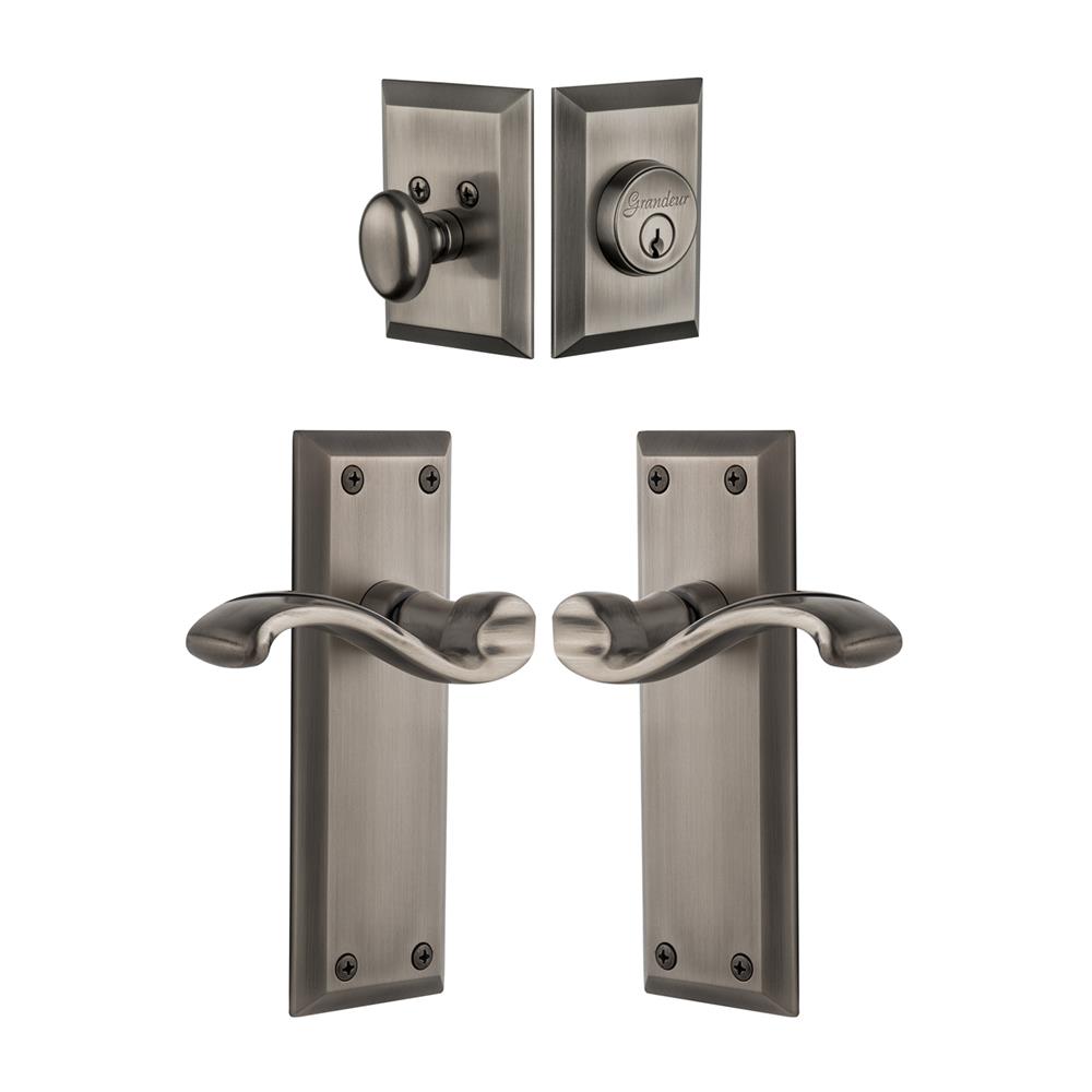 Grandeur by Nostalgic Warehouse Single Cylinder Combo Pack Keyed Differently - Fifth Avenue Plate with Portofino Lever and Matching Deadbolt in Antique Pewter